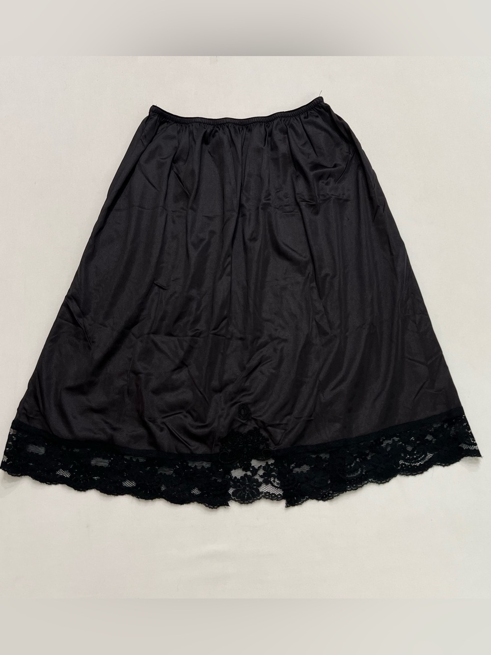 Vintage Christian Dior Black Slip Skirt 21” Waist Satin Lace Slit 80s Lingerie